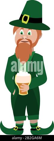 Le lepreun dans un costume vert et des bottes boit de la bière. Saint-Patrick. Illustration de Vecteur