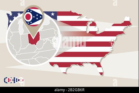 Carte des États-Unis avec l'état agrandi de l'Ohio. Drapeau et carte de l'Ohio. Illustration de Vecteur