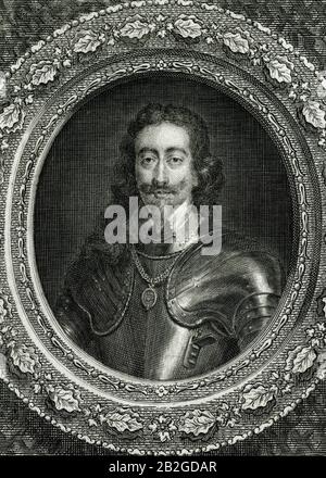 Roi Charles I (1600-1649), monarque anglais de la guerre de Sécession exécuté en 1649. Détail de la gravure, publié en 1745, par George Vertue (1684-1756), après un portrait du peintre flamand Sir Anthony van Dyck (1599-1641). Banque D'Images