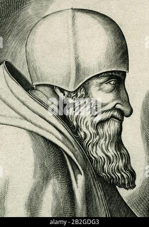 Le pape Paul III (1468-1549), qui dirigeait la contre-réforme et qui était un mécène important des arts Détail de la gravure de copperplate créée en 1600s par le graveur et graveur Friedrich von Hulsen (v.1580-1665). Le Pape Paul III a établi de nouveaux ordres religieux, comme les Jésuites et les Barnabites, et a convoqué le Conseil de Trent en 1545. Il a soutenu le mouvement de la Renaissance et la représentation du jugement dernier de Michel-Ange a été achevée dans la Chapelle Sixtine du Vatican pendant son règne; il a également nommé Michel-Ange malade pour superviser la reconstruction de la basilique Saint-Pierre. Banque D'Images