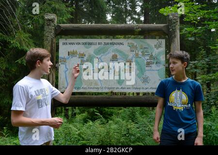 Landkarte, Weißmainquelle, Ochsenkopf, Fichtelgebirge, Oberfranken, Bayern, Allemagne Banque D'Images