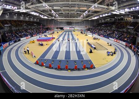 Vue générale de l'Emirates Arena lors d'un sprint de 60 m pour hommes lors des Championnats d'intérieur d'athlétisme britannique, le samedi 22 février 2020, à Glasgow, au Royaume-Uni. (Photo par IOS/ESPA-Images) Banque D'Images