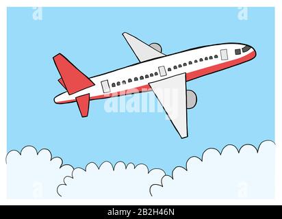 Illustration vectorielle tirée à la main de l'avion volant. Contours noirs et couleur. Illustration de Vecteur