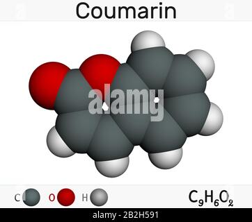 Coumarine, molécule C9H6O2. Il a une odeur douce, reconnue comme parfum de foin nouvellement semé. Les composés Coumariniques sont une classe de lactones. Modèle moléculaire. 3 Banque D'Images