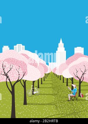 Affiche vectorielle d'activité de loisirs de parc urbain en fleurs Illustration de Vecteur