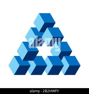 Illusion optique Reuterszard, bleu. Objet impossible. Créé en suivant le concept d'un triangle Penrose, montré avec des formes de cube bleues. Banque D'Images