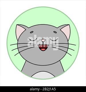 Chat Joyeux Mignon, Icône Ronde, Emoji. Chat Gris Avec Whiskers Smiles, Yeux Fermés. Image Vectorielle Isolée Sur Un Arrière-Plan Blanc. Illustration de Vecteur