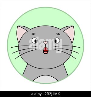 Chat Mignon Surpris, Icône Ronde, Emoji. Chat Gris Avec Whiskers, Bouche Ouverte Avec Surprise, Grands Yeux Ronds. Image Vectorielle Isolée Sur Un Arrière-Plan Blanc Illustration de Vecteur