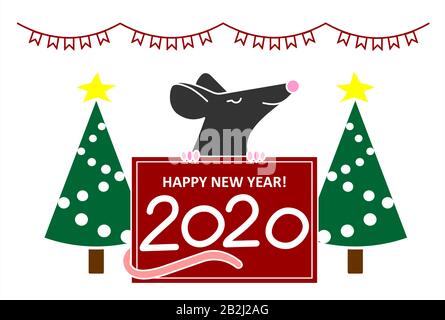 Un Rat Ou Une Souris Tient Un Nouvel An, Affiche De Noël Avec Félicitations, Avec Numbers 2020. Un Joli Tapis Ou Une Souris Sur Fond Blanc, À Côté De Illustration de Vecteur