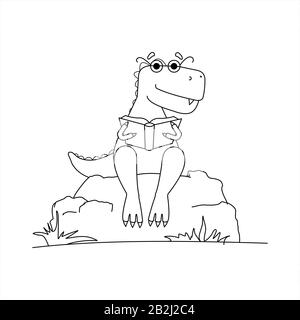 Contour Dinosaur Avec Lunettes Lecture D'Un Livre. Dinosaure Intelligent. Un Tyrannosaure Avec un Crest Sur son dos et Avec des lunettes Se Trouve sur une pierre Avec un livre dans Illustration de Vecteur