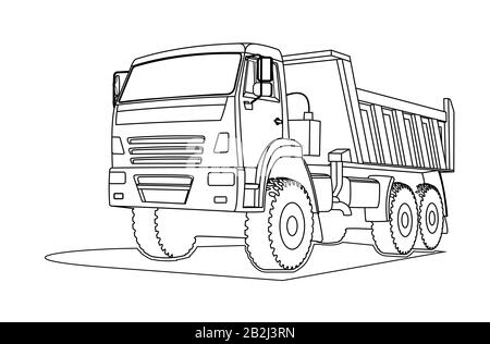 Gros tombereau à benne basculante contour. Pour la page de livre de coloriage. Vue sur trois quarts. Illustration de Vecteur