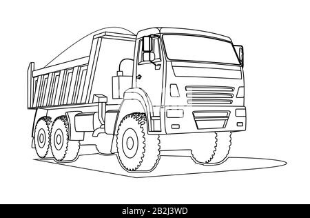 Gros tombereau à benne basculante contour. Pour la page de livre de coloriage. Le camion à benne basculante transporte du fret. Vue sur trois quarts. Illustration de Vecteur