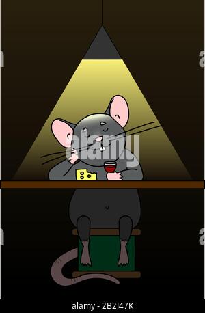 Un Rat Est Situé Dans Un Bar, Des Boissons De Vin, Des Mange Du Fromage. Rat Derrière Le Bar. Joli Personnage De Dessin Animé. La Souris Se Trouve Sur Un Tiroir De Filetage. Symbole De 2020. Vecteur Illustration de Vecteur