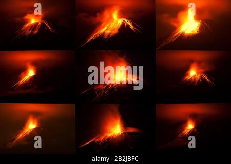 Collection de 9 photos du volcan Tungurahua avec différents schémas de coulées de tourné avec Canon EOS 5D Mark II à partir de matières premières Peu de Banque D'Images