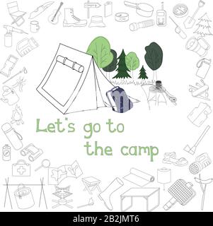 Illustration vectorielle. Ensemble d'objets isolés sur le thème du camping, des activités de plein air, de la nature. Tiré à la main. Style de dessin animé. Idéal pour les cartes de vœux, Illustration de Vecteur