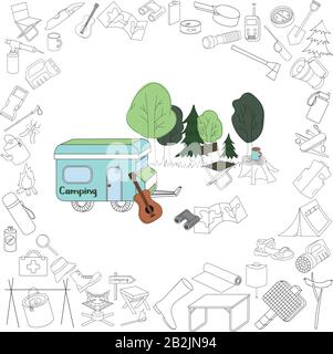 Illustration vectorielle. Ensemble d'objets isolés sur le thème du camping, des activités de plein air, de la nature. Tiré à la main. Style de dessin animé. Idéal pour les cartes de vœux, Illustration de Vecteur