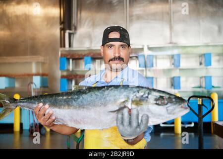 Portrait du poissonnier mûr tenant du poisson de saumon Banque D'Images