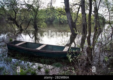 La vieille rivière Tisa traverse silencieusement la plaine. Les bateaux de pêche sont liés au rivage et attendent les pêcheurs. Banque D'Images