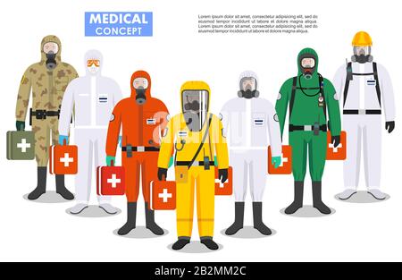 Ensemble de différentes personnes médicales colorées dans des costumes de protection et des masques différents dans le style plat. Profession dangereuse. Virus, infection, épidémie, qu Banque D'Images