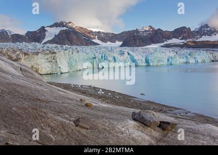 Fjortende Julibreen / 14 juillet le glacier s'apaise en Krossfjorden, Haakon VII Land, Spitsbergen / Svalbard, Norvège Banque D'Images