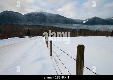 Clôture en barbelés sur des terres agricoles près du lac Errock à Mission, Colombie-Britannique, Canada Banque D'Images