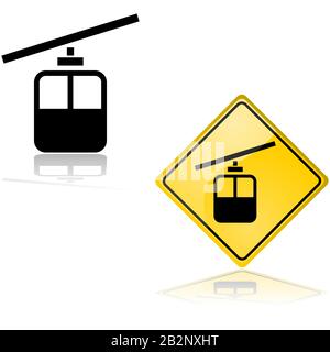 Icône et panneau montrant un téléphérique, en blanc Illustration de Vecteur