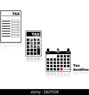 Ensemble d'icônes affichant différents éléments liés à la taxe, tels qu'un formulaire de taxe, une calculatrice avec taxe sur son affichage et un calendrier indiquant la date limite de taxe Illustration de Vecteur