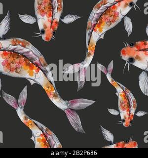 Motif oriental aquarelle avec carpes arc-en-ciel. Texture orientale sans couture avec poissons dessinés à la main isolés. Contexte naturel asiatique dans Banque D'Images