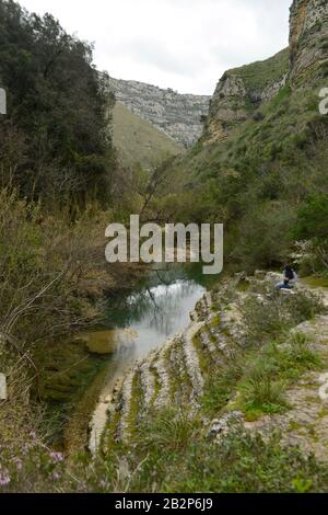 Teich, Fluss, Schlucht, Cavagrande del Cassibile, sicilia, Italie Banque D'Images