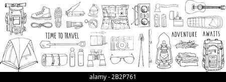 Ensemble d'éléments vectoriels isolés en blanc. Matériel de randonnée pour les excursions de camping. Sac à dos, bottes, tente, sac de couchage, boussole, carte, lampe de poche, jumelles Illustration de Vecteur