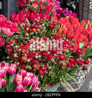 Une variété de couleurs près de la boutique Liberty à Londres. Grands bouquets en vases en étain. Banque D'Images