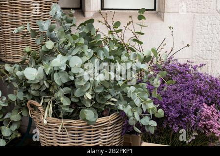 Une variété de couleurs près de la boutique Liberty à Londres. Grands bouquets en vases en étain. Banque D'Images