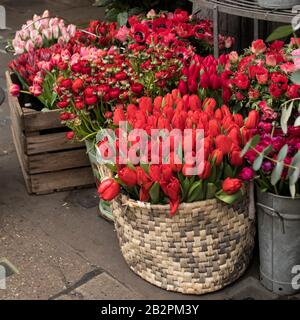 Une variété de couleurs près de la boutique Liberty à Londres. Grands bouquets en vases en étain. Banque D'Images