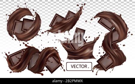 Barre de chocolat, beurre de cacao, bonbons à pâtisserie avec éclaboussures et liquide de chocolat au wirl. Vecteur réaliste. Morceaux de chocolat, qui avec des gouttes sur fond transparent. Définir l'illustration vectorielle. Illustration de Vecteur