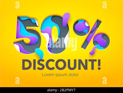 50 % de réduction sur le design des panneaux dans le style de sculpture sur papier. Illustration colorée et vive Illustration de Vecteur