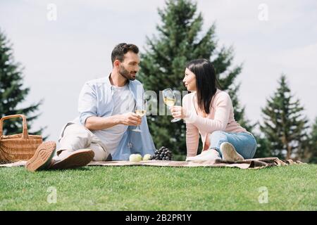 bel homme avec petite amie pour handicapés, qui tient des verres de vin blanc tout en étant assis sur une couverture dans le parc Banque D'Images