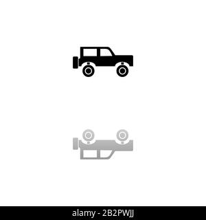 Voyage en jeep. Symbole noir sur fond blanc. Illustration simple. Icône Vecteur Plat. Ombre De Réflexion Miroir. Peut être utilisé dans logo, Web, mobile et U Illustration de Vecteur