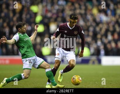 Stade De La Route De Pâques, Édimbourg, Écosse. ROYAUME-UNI. 3 mars 2020. Scottish Premiership Match Hibernian Vs Hearts Hibs Lewis Stevenson S'Attaque Aux Coeurs Sean Clare . Crédit: Eric mccowat/Alay Live News Banque D'Images