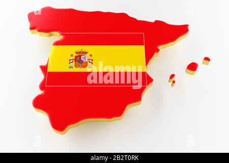 Carte de l'Espagne. Carte de la frontière terrestre de l'Espagne avec le drapeau. Carte de l'Espagne sur fond blanc. rendu tridimensionnel Banque D'Images