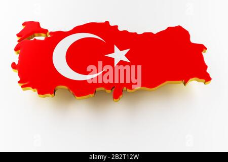 Carte de la Turquie. Carte de la frontière terrestre de la Turquie avec le drapeau. Carte de la Turquie sur fond blanc. rendu tridimensionnel Banque D'Images