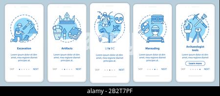 Modèle vectoriel d'écran de page d'application mobile d'intégration archéologique. Excavation et préservation des artefacts. Procédure de présentation du site Web avec des illustrations linéaires Illustration de Vecteur