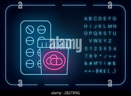 Icône de néon de médicament. Pilules prescrites. Pharmacie, médecine. Traitement de l'allergie. Supplément de régime. Aspirine en bouteille. Signe lumineux avec alphabet Illustration de Vecteur