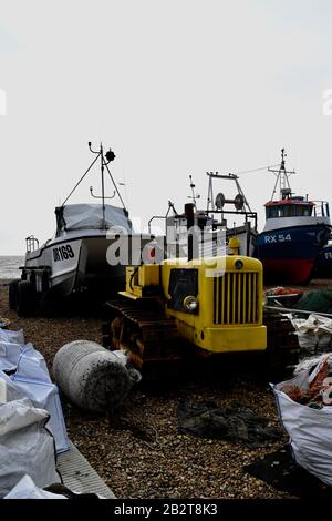 Petite industrie de pêche indépendante unique, le Stade, à Hastings, en Angleterre Banque D'Images