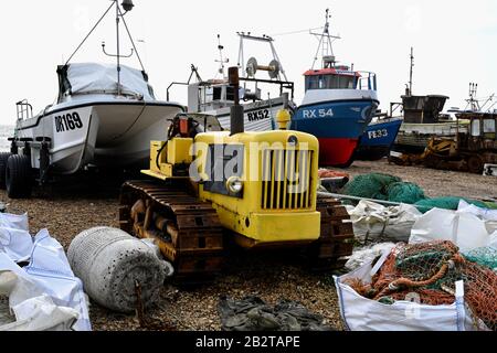 Petite industrie de pêche indépendante unique, le Stade, à Hastings, en Angleterre Banque D'Images