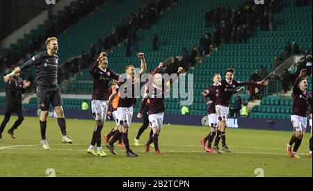 Stade De La Route De Pâques, Édimbourg, Écosse. Royaume-Uni .3 mars 20. Scottish Premiership match les célébrations de l'équipe Hibernian vs Hearts Hearts après la victoire sur Hibs Credit: Eric mccowat/Alay Live News Banque D'Images