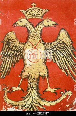 La bannière aigle des Paléologues de l'Évangile, qui appartenait à Dmitry Paléolog. 12-14 siècles. Banque D'Images