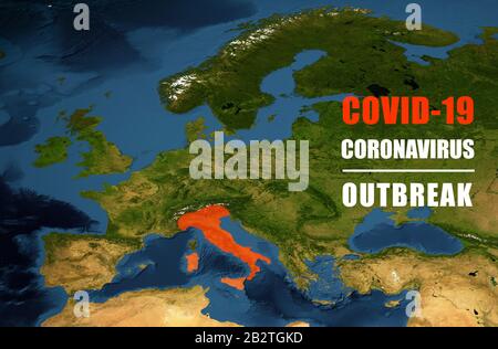 Épidémie de coronavirus, mot COVID-19 sur la carte européenne. Nouvelle éclosion de coronavirus en Italie, la propagation du virus de la couronne dans le monde. CO infection COVID-19 Banque D'Images