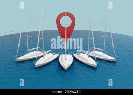 yachts blancs sans visage autour du symbole de broche. rendu tridimensionnel Banque D'Images