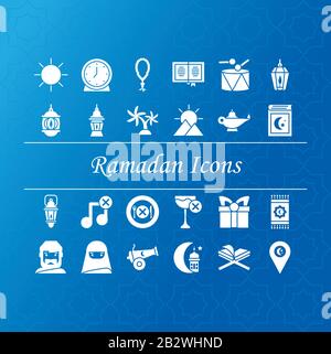 les icônes du ramadan se définissent sur un fond bleu, un style de silhouette, une illlustration vectorielle Illustration de Vecteur