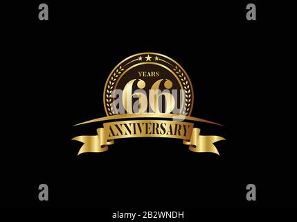 Modèle de logo anniversaire 66 ans, célébration anniversaire de design vectoriel, emblème anniversaire doré avec ruban. Conception d'un livret, brochure Illustration de Vecteur